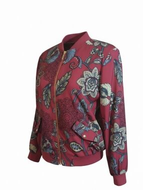 Susan Graver Wine Dark Floral Zip Up Bomber Jacket Peach skin Sz S